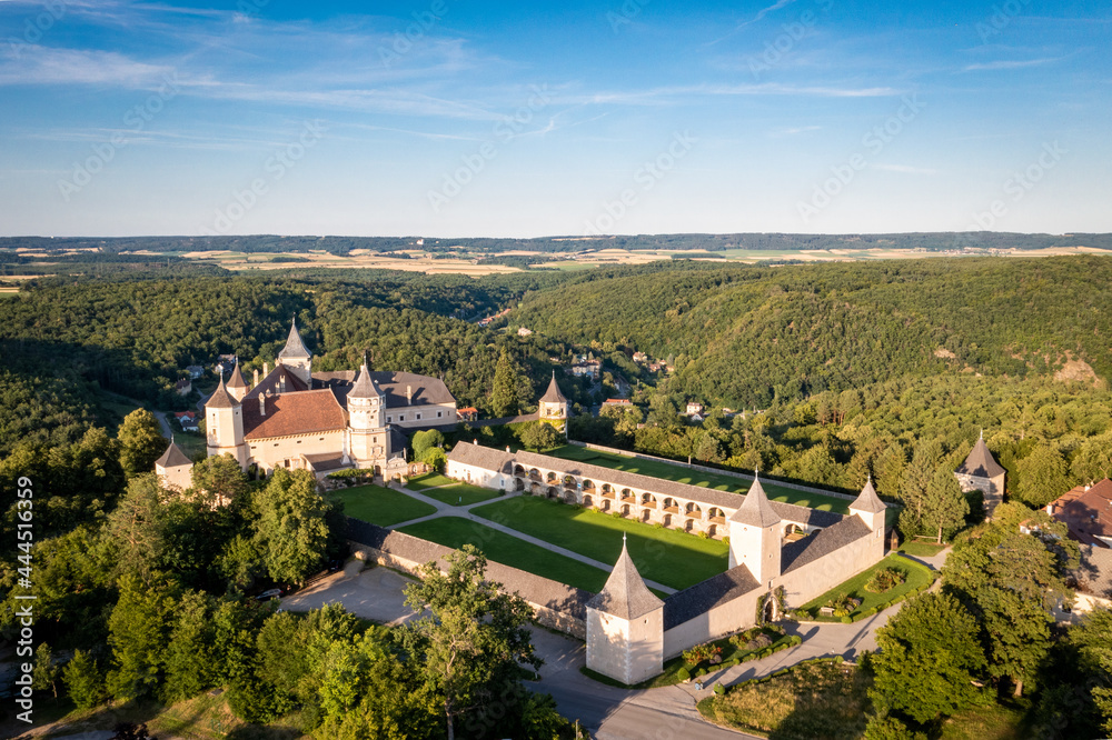 Rosenburg in the Kamptal of the Waldviertel region in Lower Austria. Aerial view to the famous castle and landmark at the Kamp river close to Eggenburg.