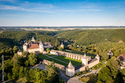 Rosenburg in the Kamptal of the Waldviertel region in Lower Austria. Aerial view to the famous castle and landmark at the Kamp river close to Eggenburg.