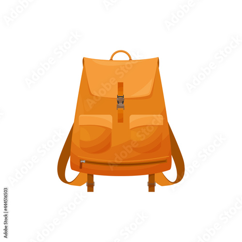 Kids schoolbag isolated vector icon, cartoon rucksack of orange color, student or hiking backpack, touristic knapsack or school bag on white background