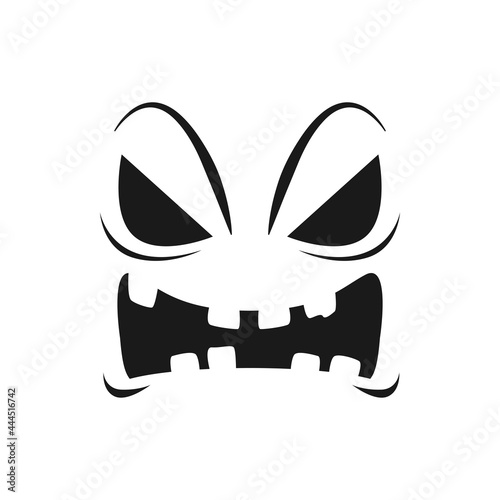 Halloween pumpkin face vector icon, scary evil emoji with creepy eyes and toothy mouth. Ghost, jack lantern isolated monochrome monster face emotion