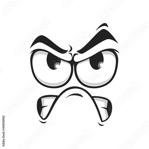 Upset emotion, wrathy sad emoji with closed toothy mouth, angry smiley isolated. Vector grumpy sullen emoji, ireful or rageful emoticon. Irritated angry smiley in bad mood, emoji with eyebrows up