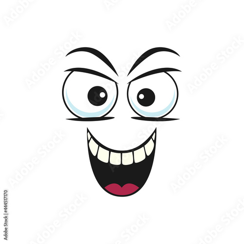 Wrathy sad emoticon with unkind vicious smile, bad character isolated icon. Vector angry smiley, wicked emoticon with toothed smile. Grumpy sullen emoji, ireful or rageful smiley facial expression