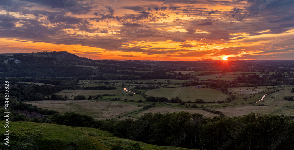 July sunset from Malling Down near Lewes on the South Downs, East Sussex, south east England