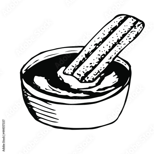 Spanish dessert churros in melted chocolate, vector illustration, hand drawing sketch