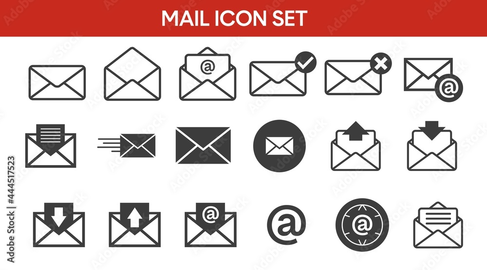 Mail Icon Set. Vector black and white isolated illustration of mail ...