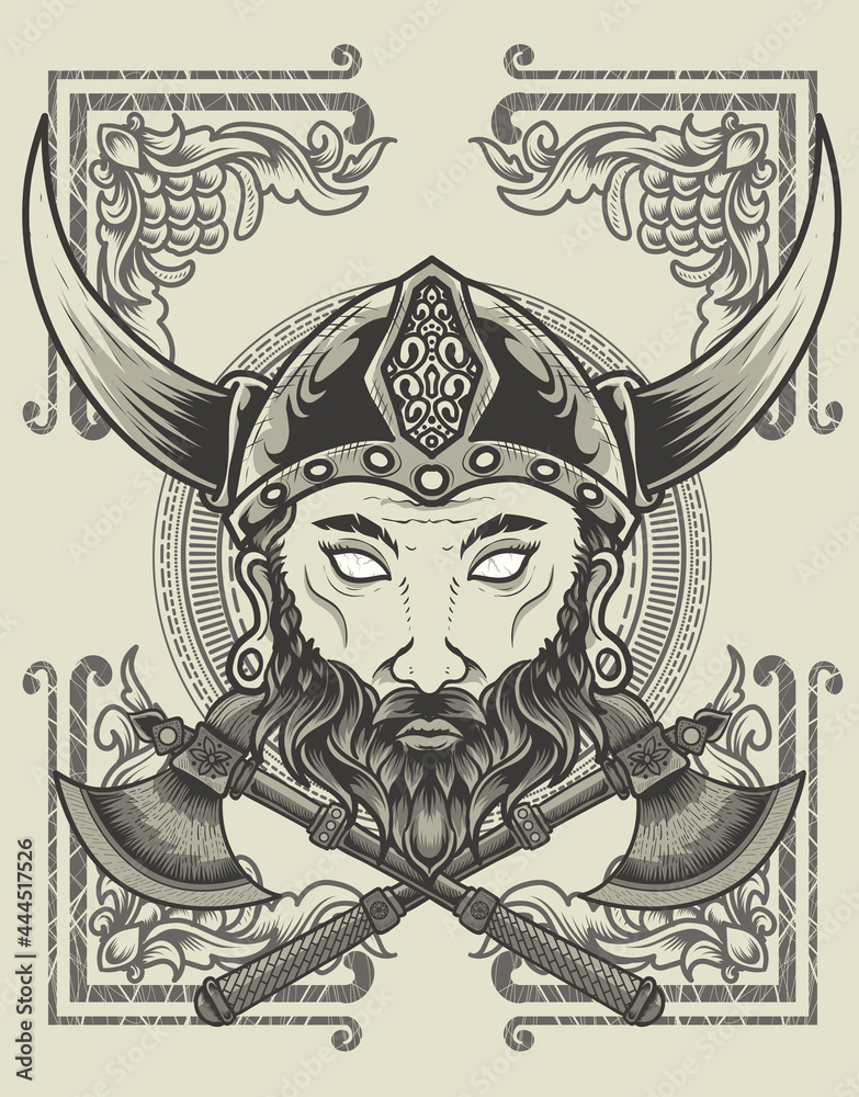 Obraz premium illustration viking head with two ax monochrome style