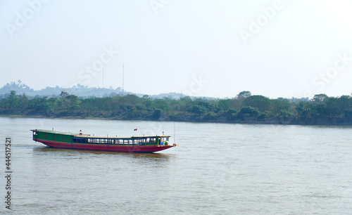 Boats on the Mekong River near Chiang Saen city. Border of Thailand and Laos. Area of the Golden Triangle. Chiang Saen, Chiang Rai Province, Thailand 