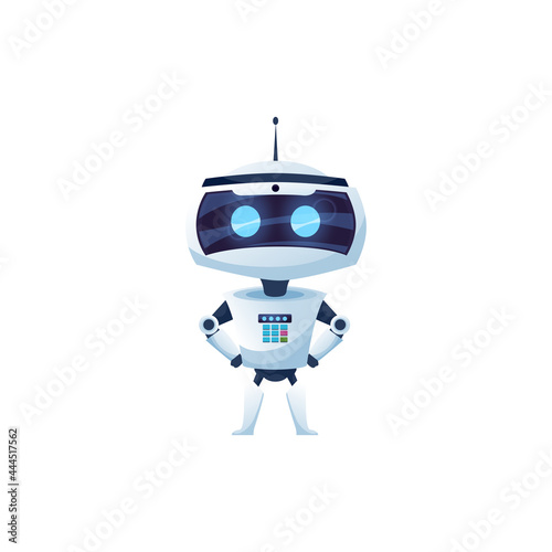 Cartoon robot vector icon, cyborg character, toy or bot, artificial intelligence technology. Friendly robot arms akimbo and and digital glow face, cute electronic chatbot isolated sign