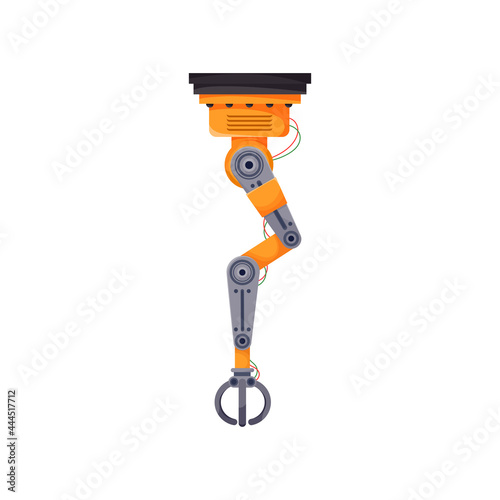 Automated mechanic hand isolated robotic arm with grabbing claw. Vector industrial machinery equipment, grabbing manufacturing tool, factory engineering automation, production line technology