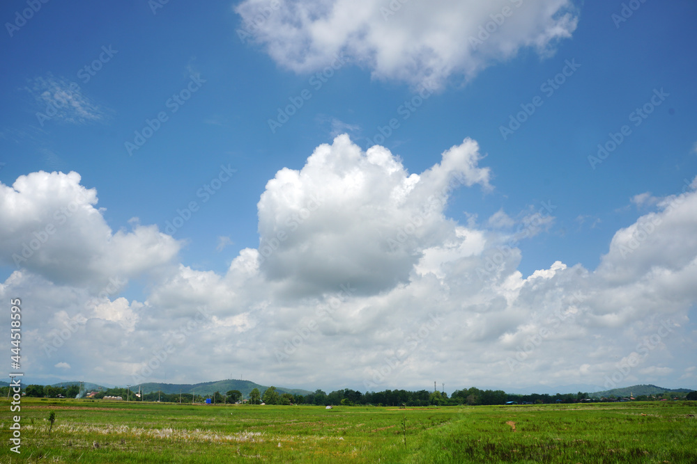 Cumulus Clouds above the fields on a clear day. Clouds with Vertical Development.