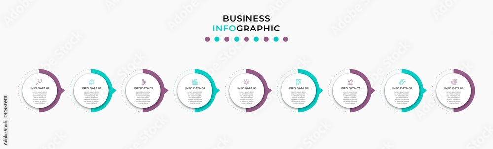 Vector Infographic design illustration business template with icons and 9 options or steps. Can be used for process diagram, presentations, workflow layout, banner, flow chart, info graph Vector Infographic design illustration business template with icons and 9 options or steps. Can be used for process diagram, presentations, workflow layout, banner, flow chart, info graph