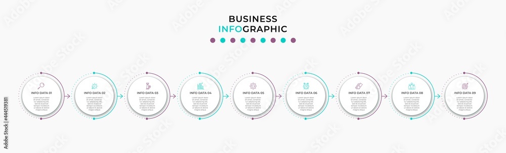 Vector Infographic design illustration business template with icons and 9 options or steps. Can be used for process diagram, presentations, workflow layout, banner, flow chart, info graph Vector Infographic design illustration business template with icons and 9 options or steps. Can be used for process diagram, presentations, workflow layout, banner, flow chart, info graph
