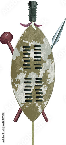 African Zulu assegai spear shield and club