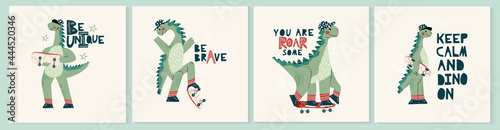 Set of dinosaur Dino cards. Childish card or poster with cute baby dino character with skateboard. Funny phrase, lettering quote. Scandinavian style collection of dinosaur isolated on white background