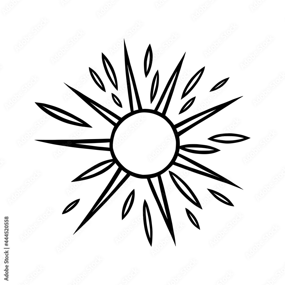 Handdrawn sun with beams. Shining sun in doodle style. Black and white vector illustration isolated in white background Handdrawn sun with beams. Shining sun in doodle style. Black and white vector illustration isolated in white background