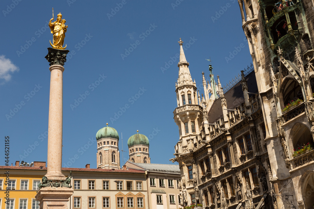 Mary's Square or Marienplatz in Munich with the Marian Column, the City Hall and the domes of the Cathedral