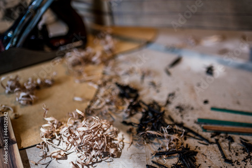 Workshop of lutherie, making guitar. No people photo