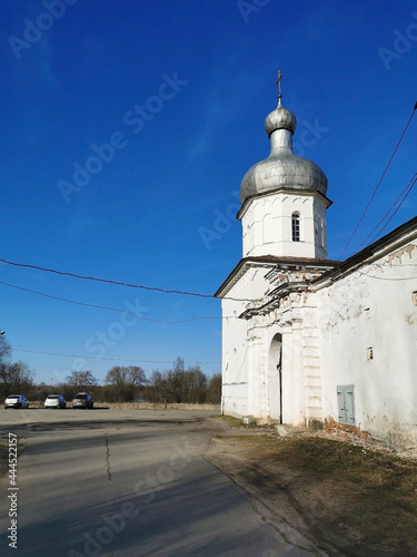 Yuriev Monastery in the Great Novgorod white walls blue sky