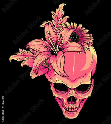 human Skull and Flowers Vector Illustration design