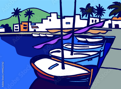 Mediterranean landscape with port and sailboats vector illustration