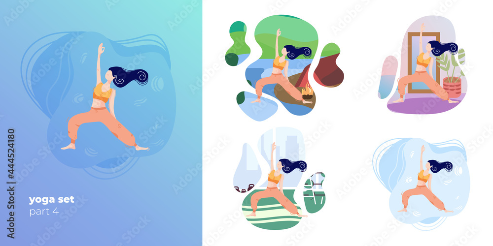 Set illustration woman, girl in sportswear or fitness suit doing yoga at home, gym, outdoors, lake, campaign, abstract background