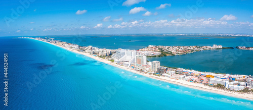Fototapeta Naklejka Na Ścianę i Meble -  Aerial view of Punta Norte beach, Cancun, Mexico. Beautiful beach area with luxury hotels near the Caribbean sea in Cancun, Mexico.