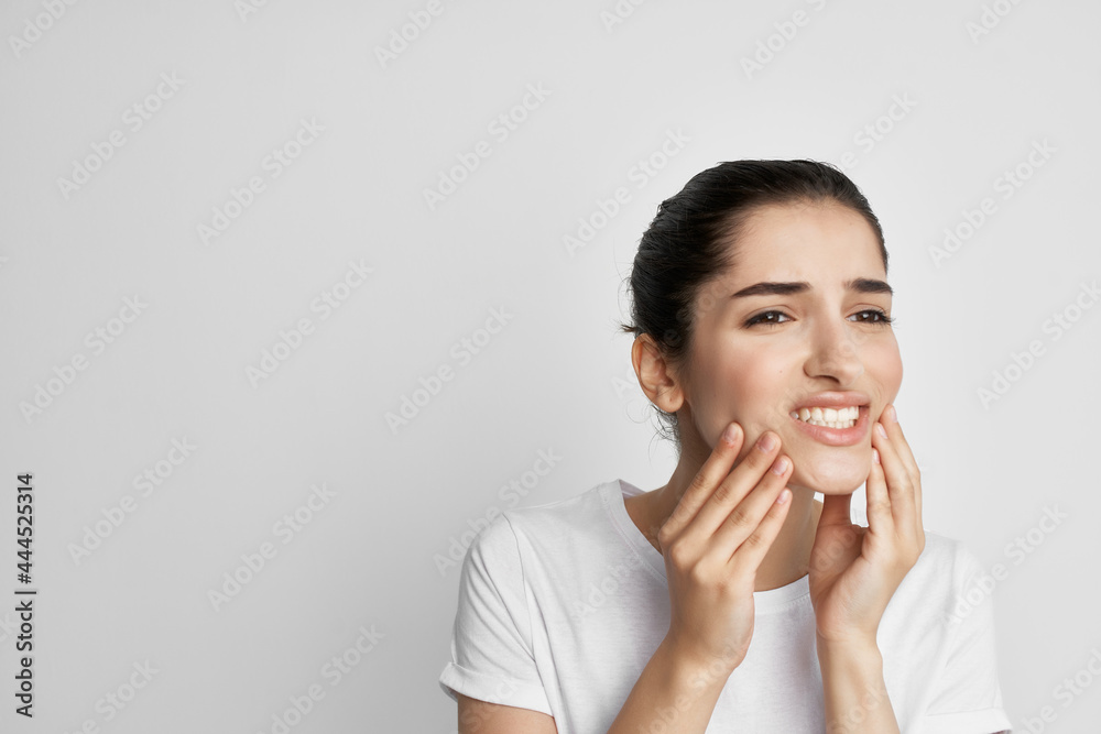 woman with aching tooth health problems dissatisfaction isolated background woman with aching tooth health problems dissatisfaction isolated background