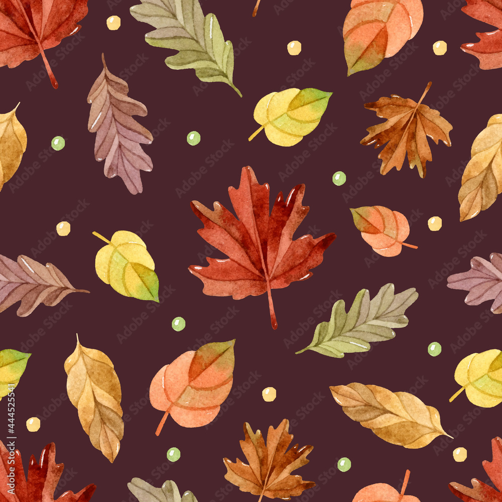 Fototapeta premium Autumn leaves watercolor seamless pattern on dark brown background