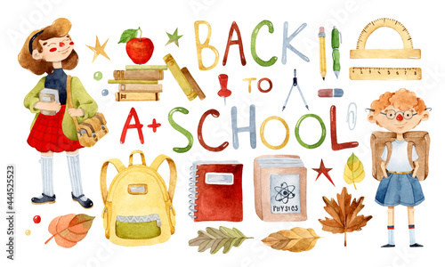 Back to school watercolor elements set isolated 