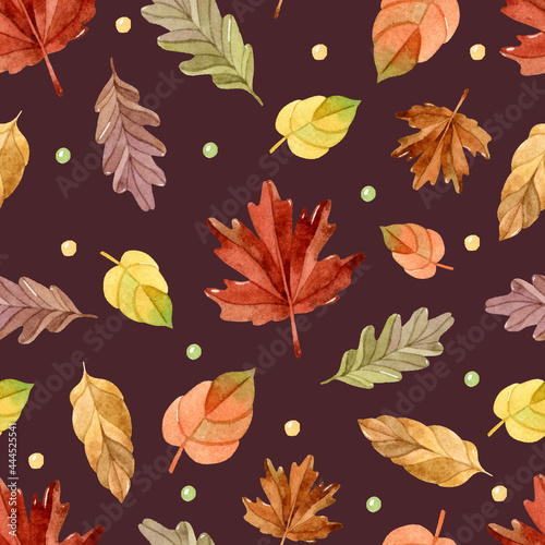 Autumn leaves watercolor seamless pattern on dark brown background