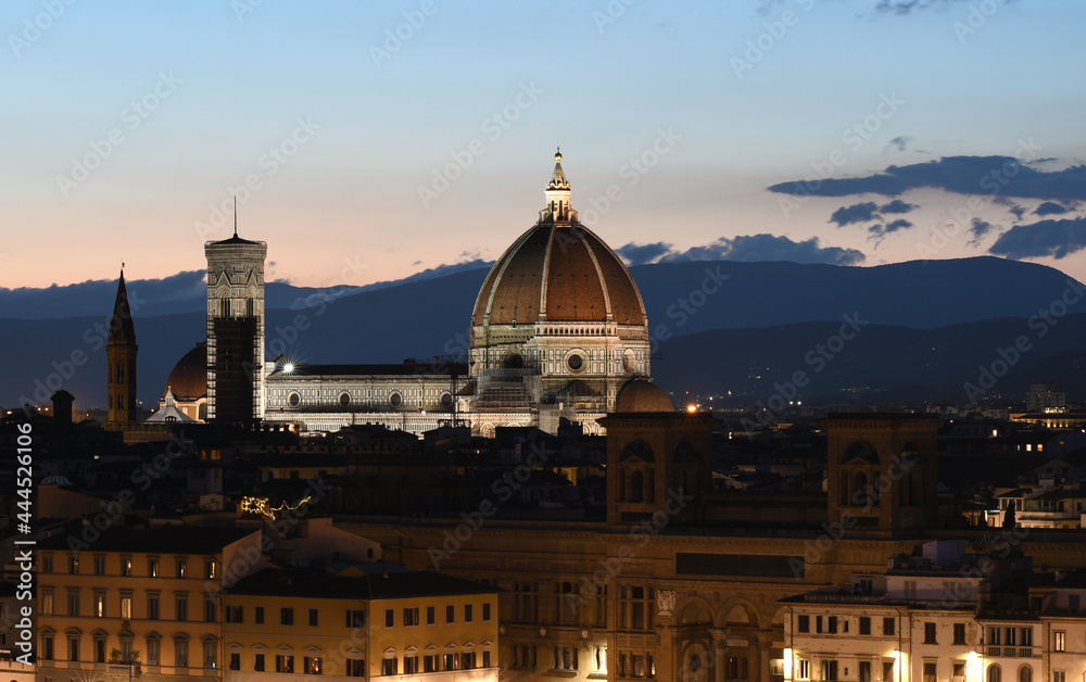 Night view of Cathedral of Santa Maria del Fiore in Florence seen from Piazzale Michelangelo. Italy