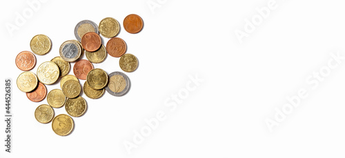Coins on a white background. Euro cents. Money and business concept. Banner. Copy space