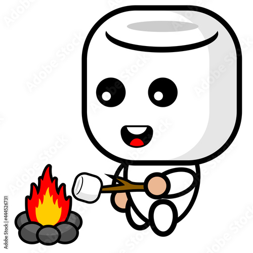 cartoon vector cute marshmallow character who loves camping roasting marshmallows