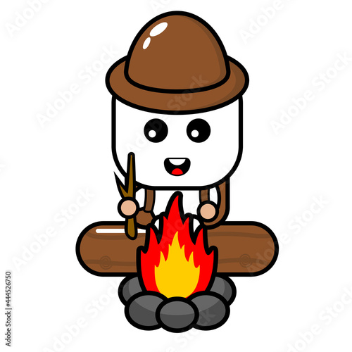 cartoon vector cute marshmallow character who likes to camp sitting behind the campfire