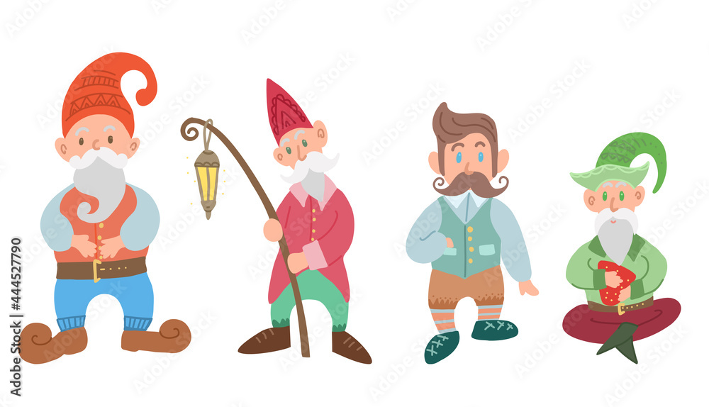 Set of various gnomes isolated from the background. Hand drawn cartoon fairy character. Leprechauns and forest dwellers. Flat illustration of male dwarfs