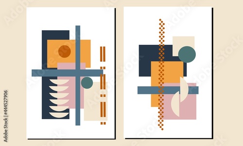 Set two of abstract Geometric mid century modern wall art. Geometry shapes wall decor. Minimalist Scandinavian wall decorations. Greetings cards invitation background Wallpaper poster social media.