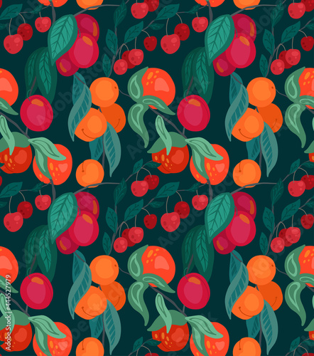 Seamless flat texture with cherries, peaches, plums on branches with foliage on dark green background. Cartoon pattern with berries. Wallpaper with fruits and bushes. Vector natural gardening fabric