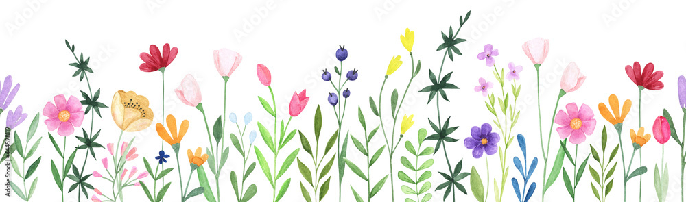 Watercolor floral seamless stripe. Hand drawn abstract wildflowers - obrazy, fototapety, plakaty 