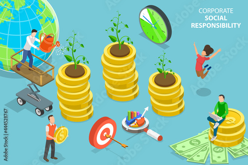 3D Isometric Flat Vector Conceptual Illustration of Corporate Social Responsibility, Sustainable and Fair Rights Organization Management