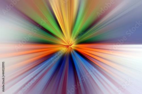 Abstract radial blur zoom surface in blue,green orange and white tones. Abstract multicolored background with radial, radiating, converging lines. 