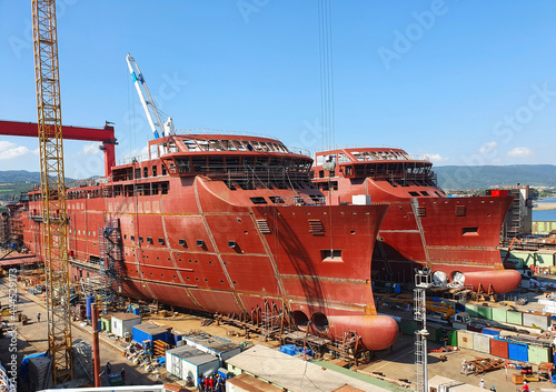 Large building cruise ships in the ship yard.