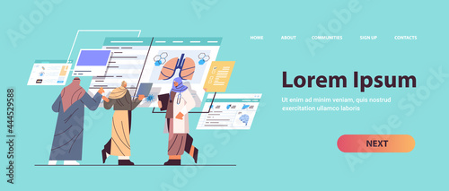 arab doctors team learning patient organs analyzing medical data on virtual board medicine healthcare concept