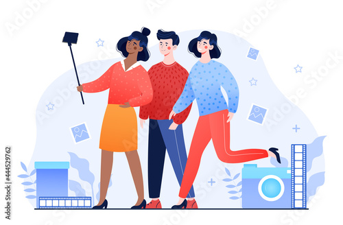 Young male and female characters are taking a selfie together. Group of friends are standing near each other to make a perfect selfie with a selfie stick. Flat cartoon vector illustration