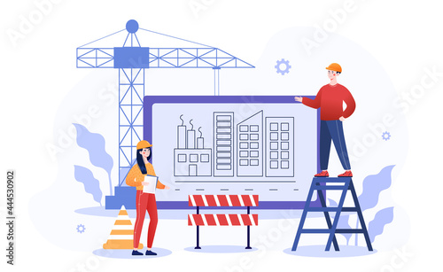 Male and female characters are working on construction site. Professional team working on site projects with blueprints and documents. Building under construction. Flat cartoon vector illustration photo