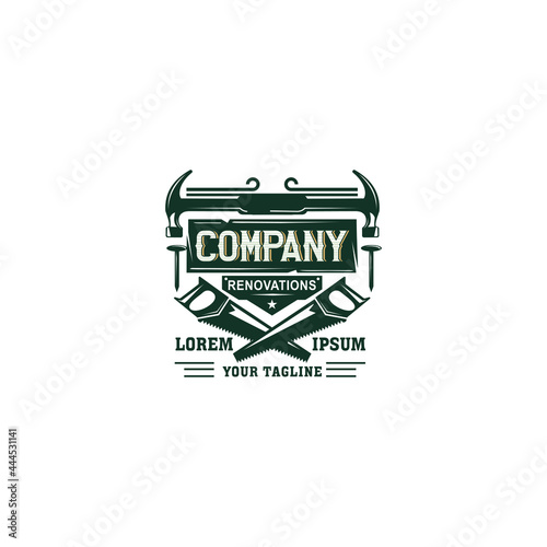 label construction carpentry, hammer, handsaw, repair, veteran, vintage retro for business is a home renovation company.
