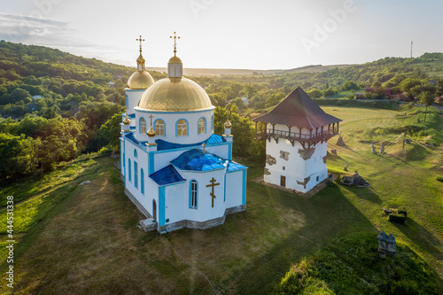 Aerial sunset view of Busha state Historical and Cultural Reserve, located on Podillya, Vinnytsa region, Ukraine. photo