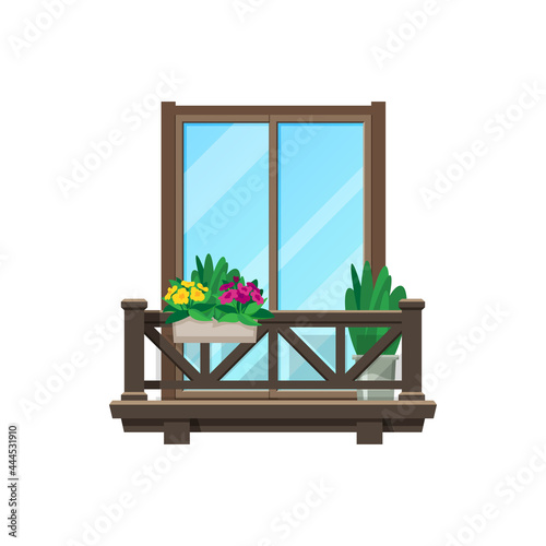 Balcony window, house building facade with porch, vector wood veranda or terrace. Apartment vintage or modern wooden balcony with fence banister and flowers, house villa or mansion balcony