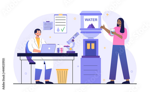Male scientist working on water analysis in medical office. Concept of saving ecology with eco work. Smiling female character is drinking water from the water cooler. Flat cartoon vector illustration