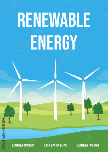 Renewable energy poster flat vector template. Electricity generation. Brochure, booklet one page concept design with cartoon landscape. Windmill equivalent. Wind farm flyer, leaflet with copy space