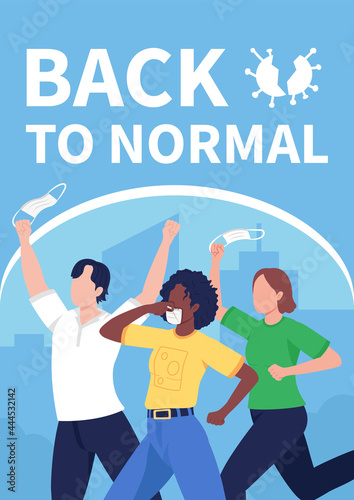 Back to normal after covid poster flat vector template. Return to normal routine. Brochure, booklet one page concept design with cartoon characters. Life after lockdown flyer, leaflet with copy space
